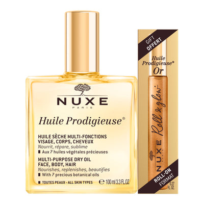 Huile Prodigieuse 100ml and Huile Prodigieuse Or in a roll-on gift format