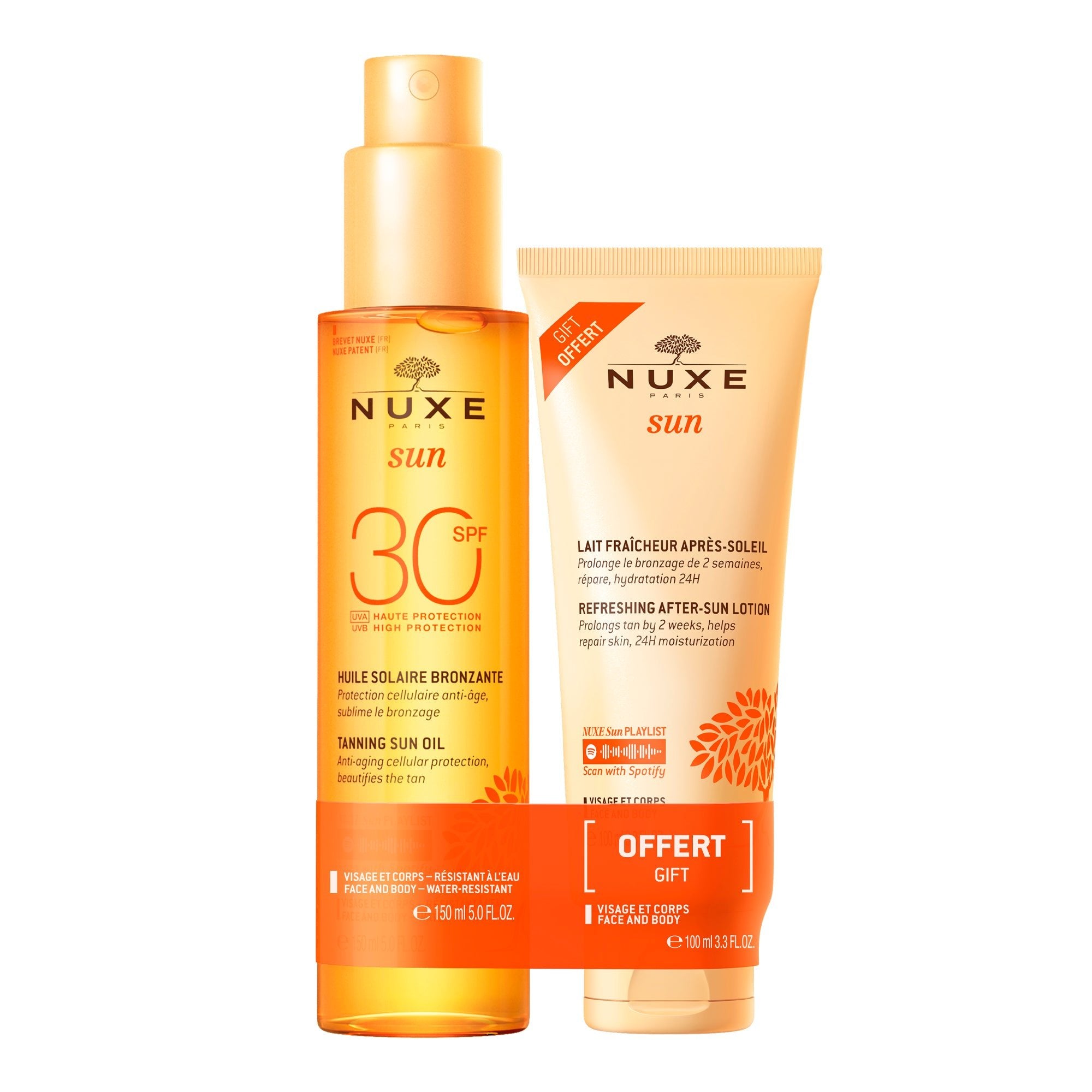 Duo Huile Solaire Bronzante Haute Protection SPF30 et Lait Fraicheur Après - Soleil 100ml offert - NUXE
