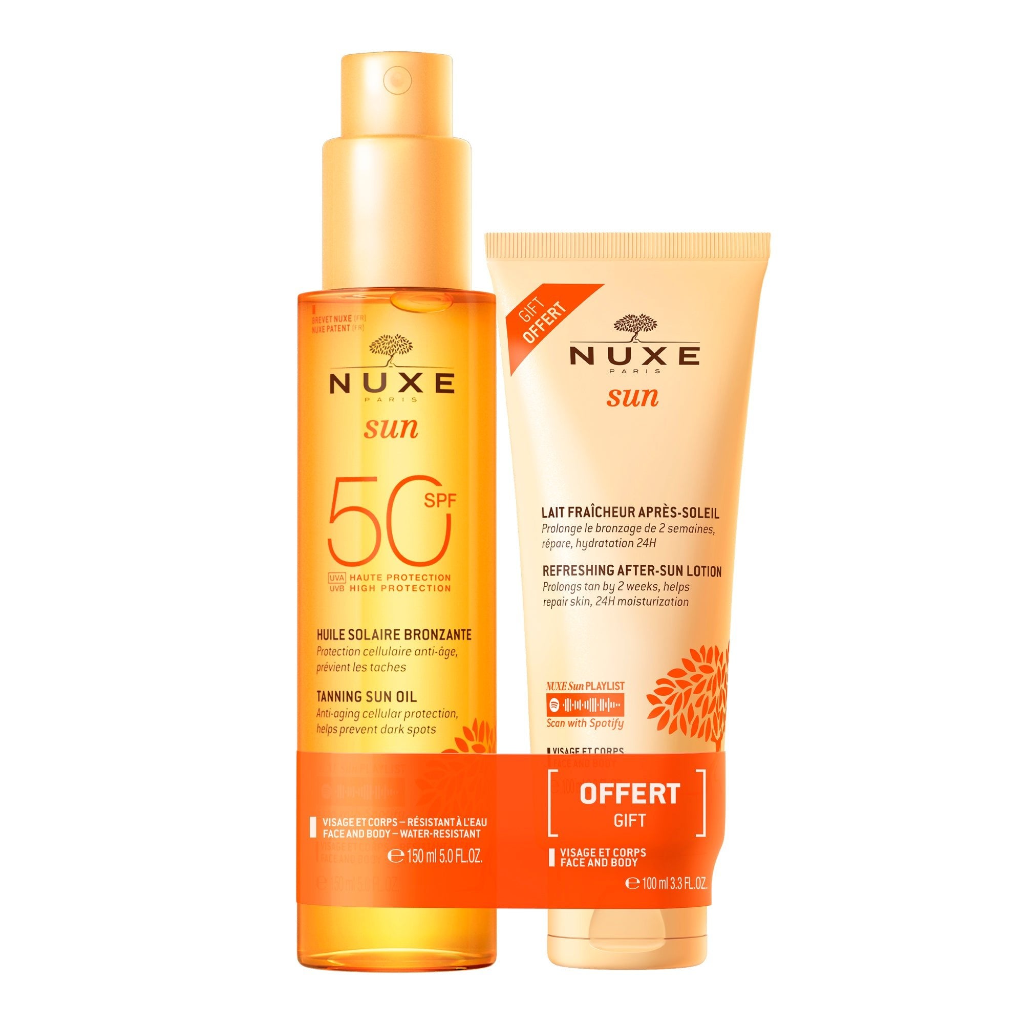 Duo Huile Solaire Bronzante Haute Protection SPF50 et Lait Fraicheur Après - Soleil 100ml offert - NUXE