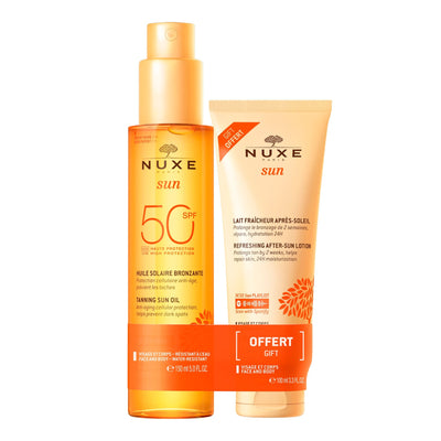 Duo Huile Solaire Bronzante Haute Protection SPF50 et Lait Fraicheur Après - Soleil 100ml offert - NUXE